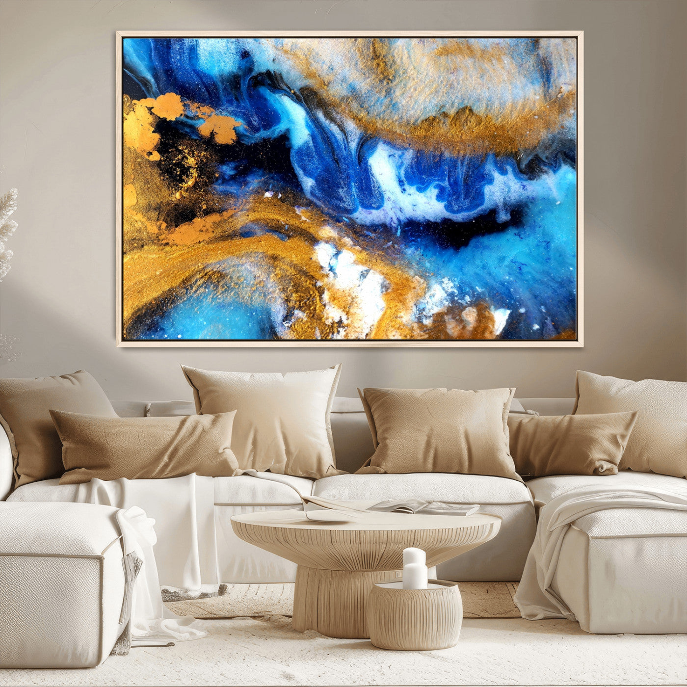 42100-MGV-CV-36X24-Blue Orange Marble Fluid Effect Canvas Wall Art Print