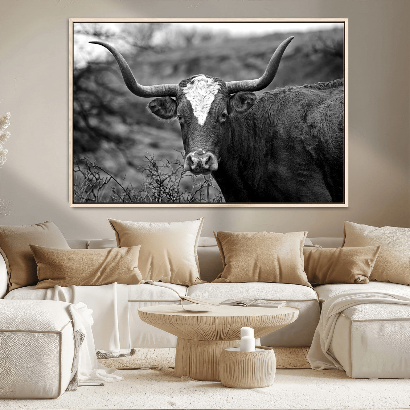 -Western Home Wall Art Canvas Print, Framed Texas Longhorn Art Picture Print, Rustic Cow Perfect Rustic Farmhouse Decor Artwork