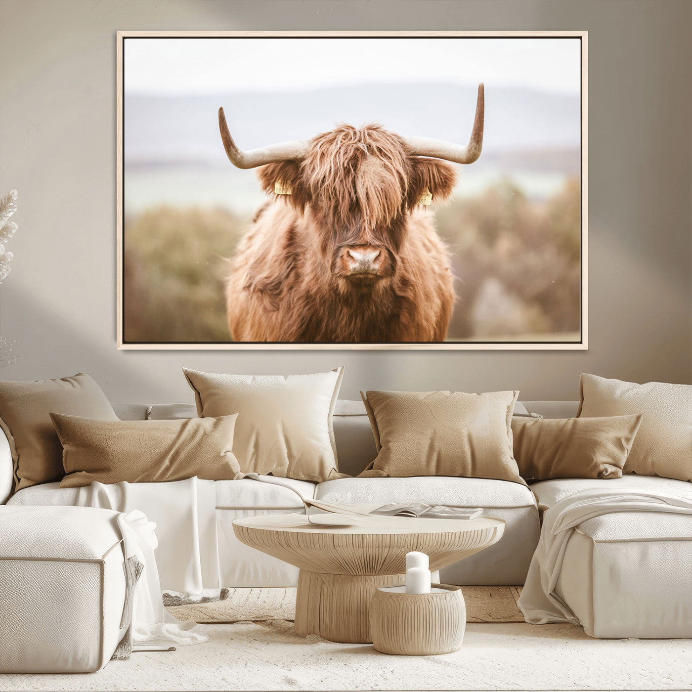-Scottish Serene Highland Cow Canvas Wall Art – Serene Highland Cow in Natural Pastel Tones – Ready