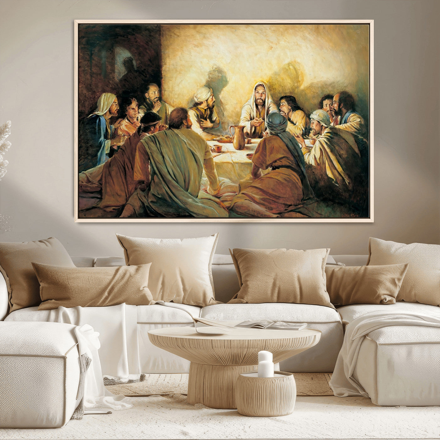 Framed canvas print of the Last Supper, depicting Jesus and his disciples, perfect for religious or Christian-themed home decor.