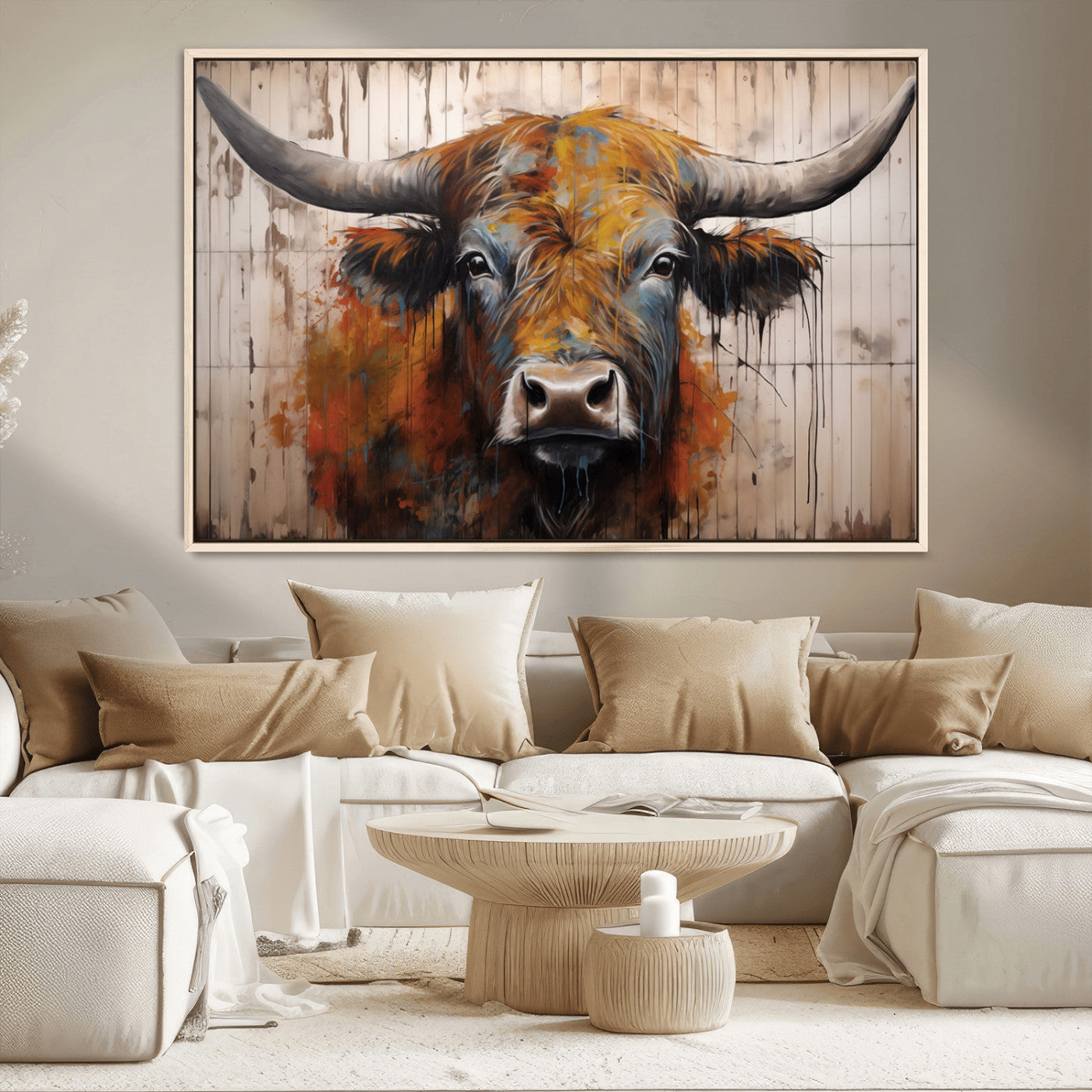 47284-MGV-CV-36X24-Scottish Highland Cow Cattle Art Print on Wood Style Background