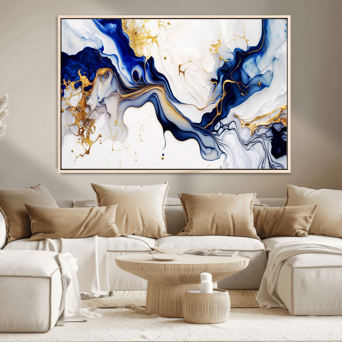 93392-MGV-CV-36X24-Golden Cascades on Midnight Blue – Deep Blue Abstract Wall Art Flowing Elegance | Wall Art Canvas,