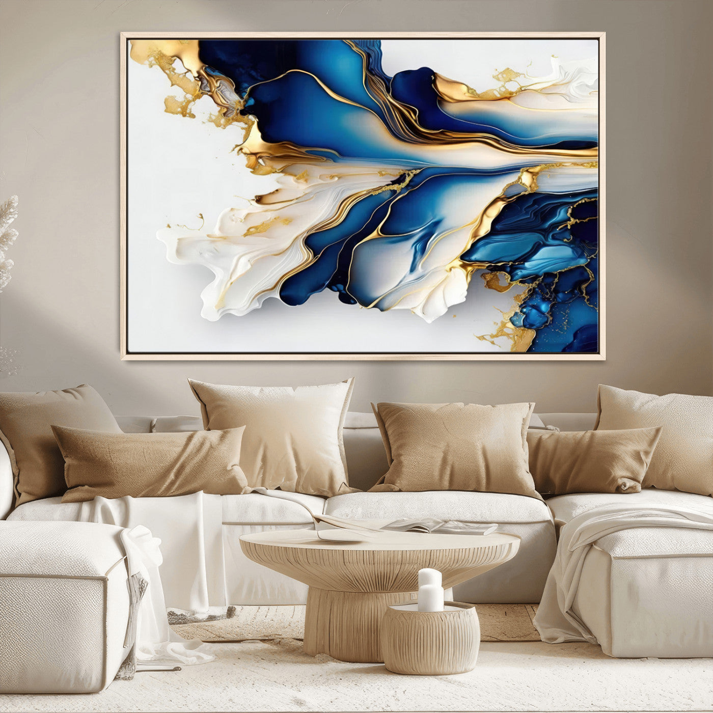 65693-MGV-CV-36X24-Gold Marble Art - Abstract Geode Gold And Blue Marble Shape 3 Pieces Wall Art Canvas Print