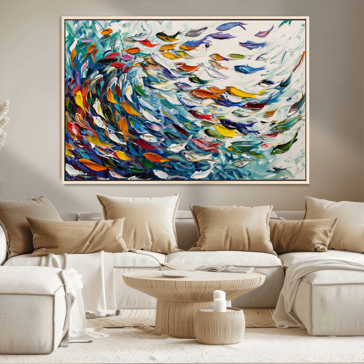 80105-MGV-CV-36X24-Modern Abstract Fish Shoal Wall Art Canvas Print, Colorful Fish Herd Painting on Canvas Print, Ocean