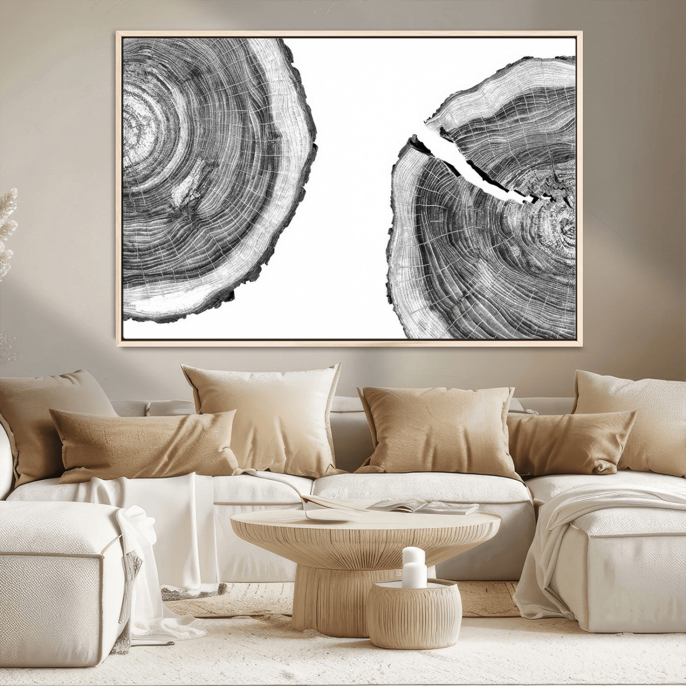 52770-MGV-CV-36X24-Abstract Large Tree Rings – Minimalist Black and White Wood Art | Triptych Canvas, Modern Wall Decor