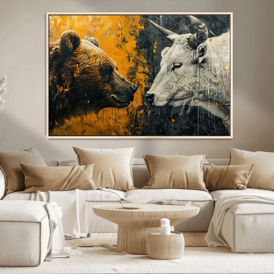 Bear and Bull Wall Art Canvas Print, Abstract Animal Portrait for Modern Home Decor