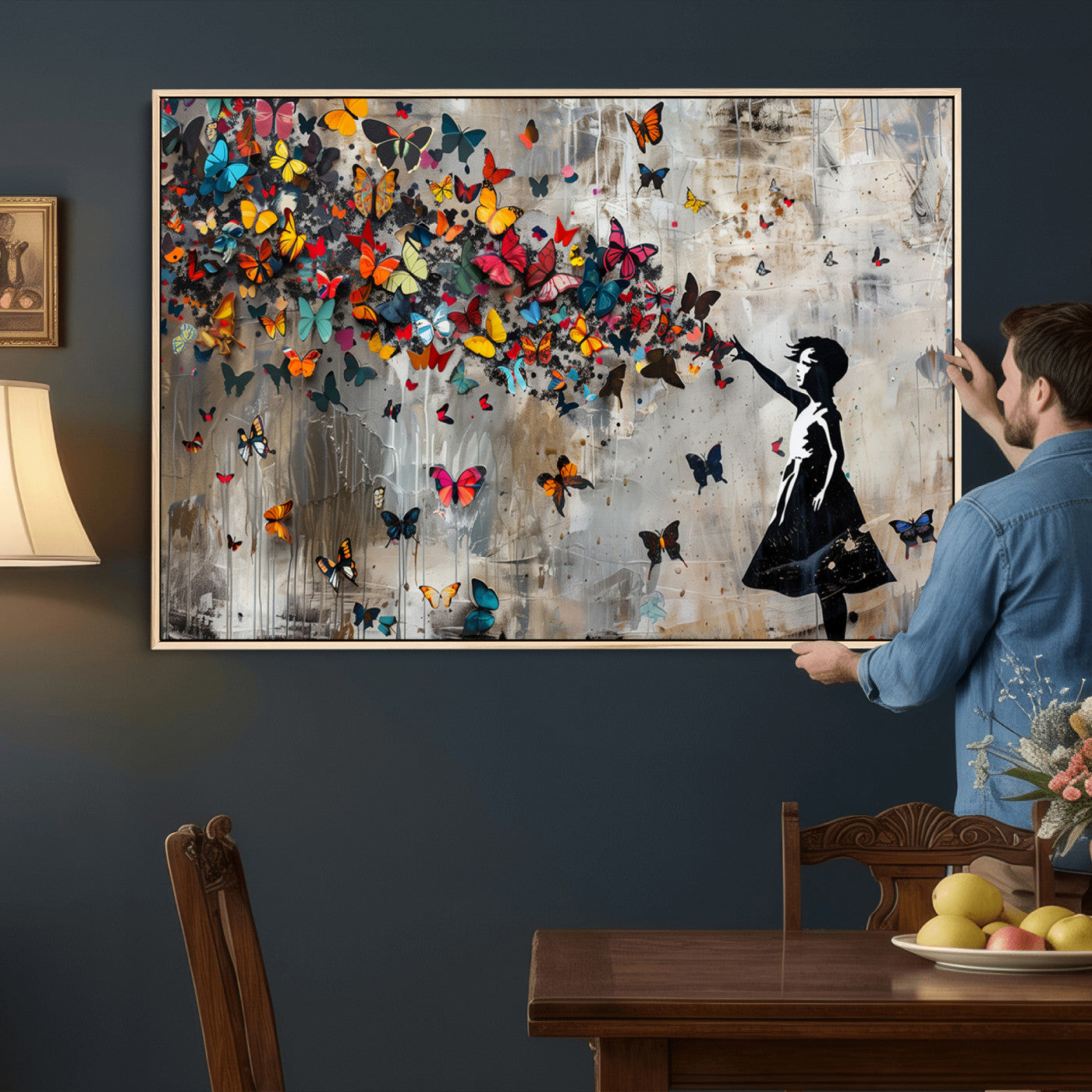 40269-MGV-CV-36X24 - Banksy Wall Art - Banksy Girl and Butterfly Explosion Wall Art Canvas Print | Girl with Butterflies