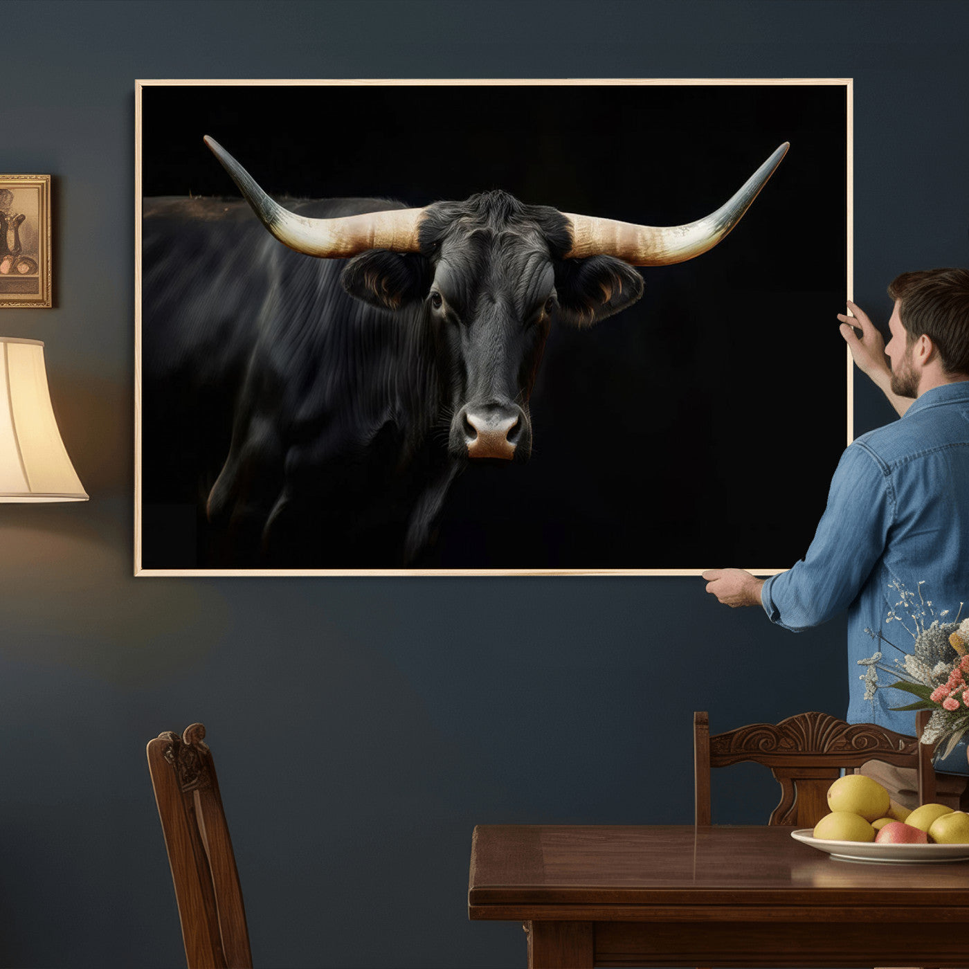 63798-MGV-CV-36X24 - Texas Longhorn Cow | Majestic Black Bull Wall Art Canvas Print - Farmhouse Animal Decor - Ready to