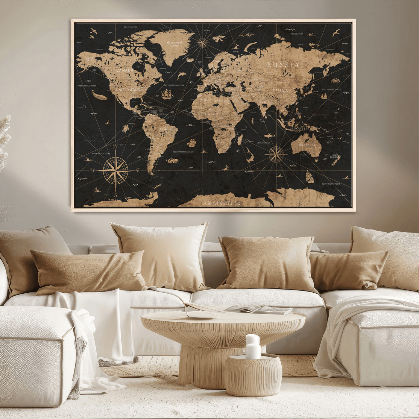 61023-MGV-FC-36X24_Natural-Vintage Push Pin World Map Canvas Print – Framed Travel Tracker Wall Art, Rustic Adventure Map Gift for Home or Office Decor