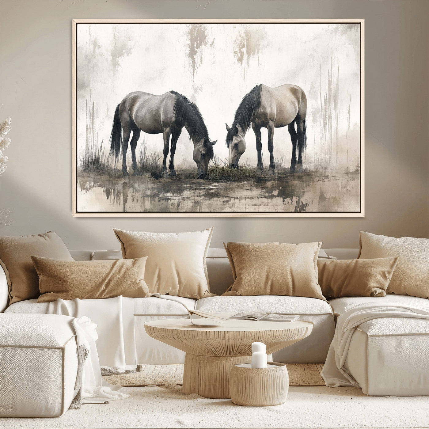 -Chines Ink Style Vintage Horses Wall Art Canvas Print for Farmhouse Wall Decor