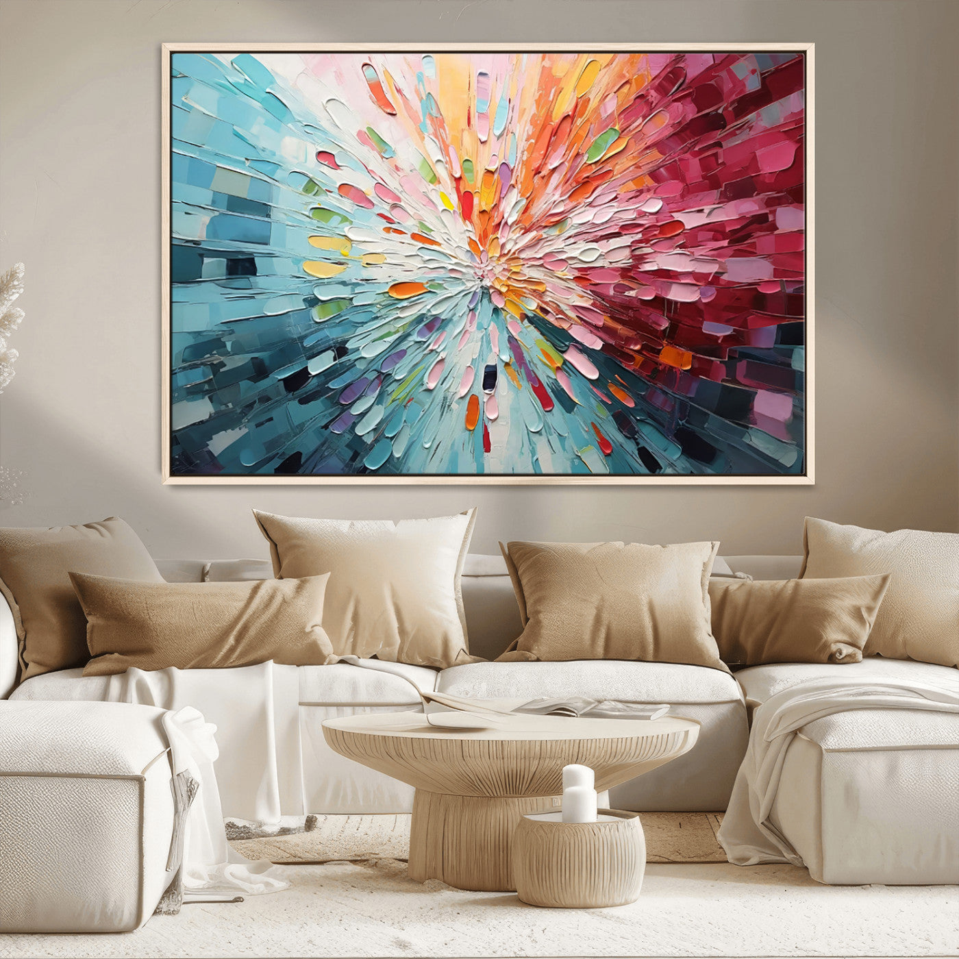 47065-MGV-FC-36X24_Natural-Radiant Bloom Abstract Floral Wall Art Canvas Print - Colorful Burst - Modern Living Room Decor -