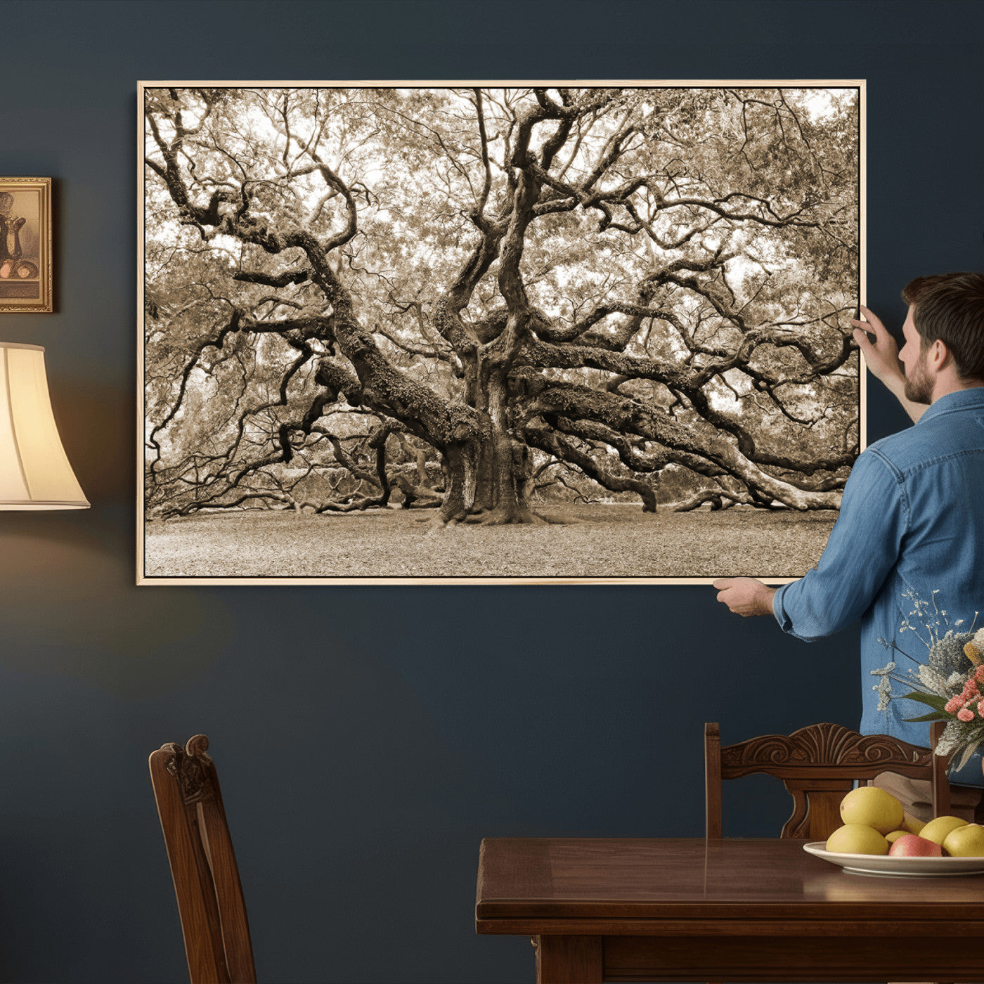 51126-MGV-CV-36X24 - Sepia Framed Angel Oak Tree Wall Art - 3-Panel Canvas Prints, Large Green Nature Artwork, Ready to