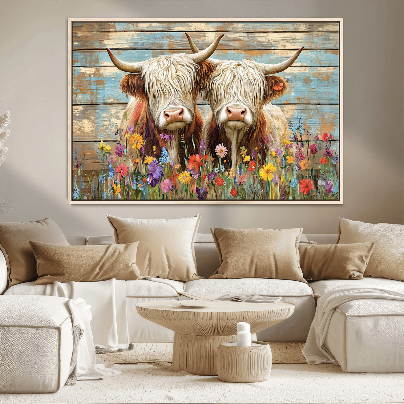 36972-MGV-CV-36X24 - Cute Highland Cow Canvas Wall Art - Rustic Farmhouse Decor with Colorful Flowers Perfect Wall Art
