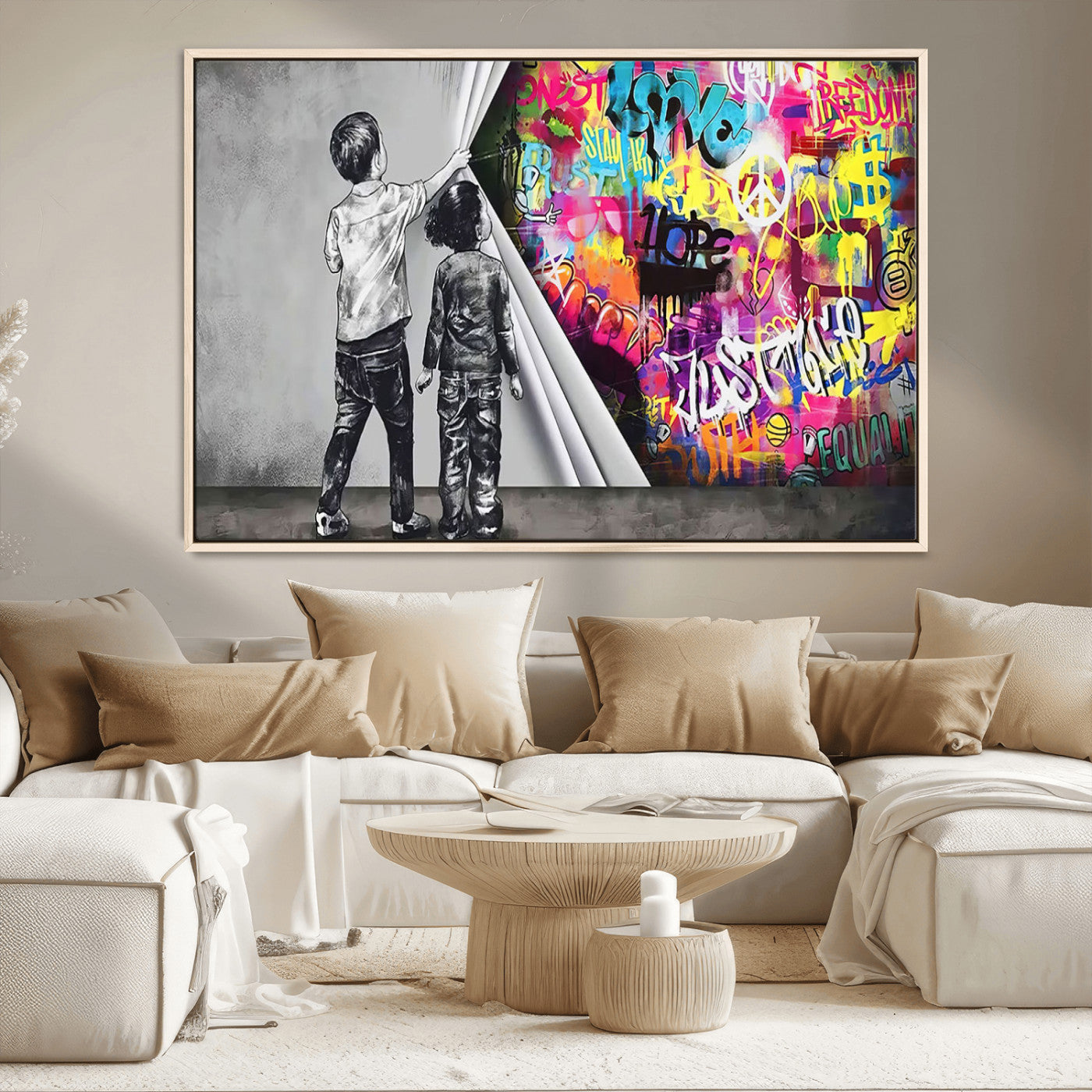 -Banksy Print - Street Art Canvas Wall Art - Kids Revealing Graffiti, Urban Modern Decor for Living