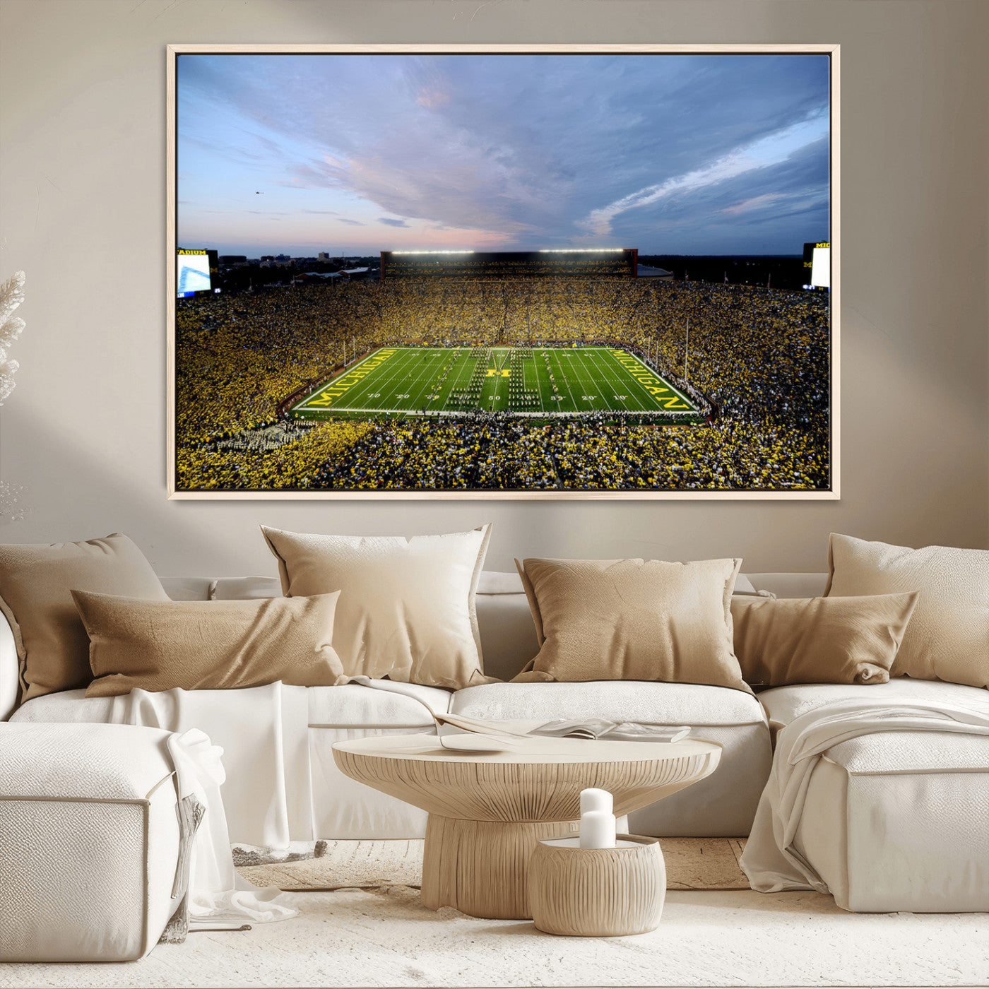 82641-MGV-CV-36X24-Michigan Stadium Wall Art Canvas Print – Framed Football Field Scene with Marching Band Artwork for Home, Office