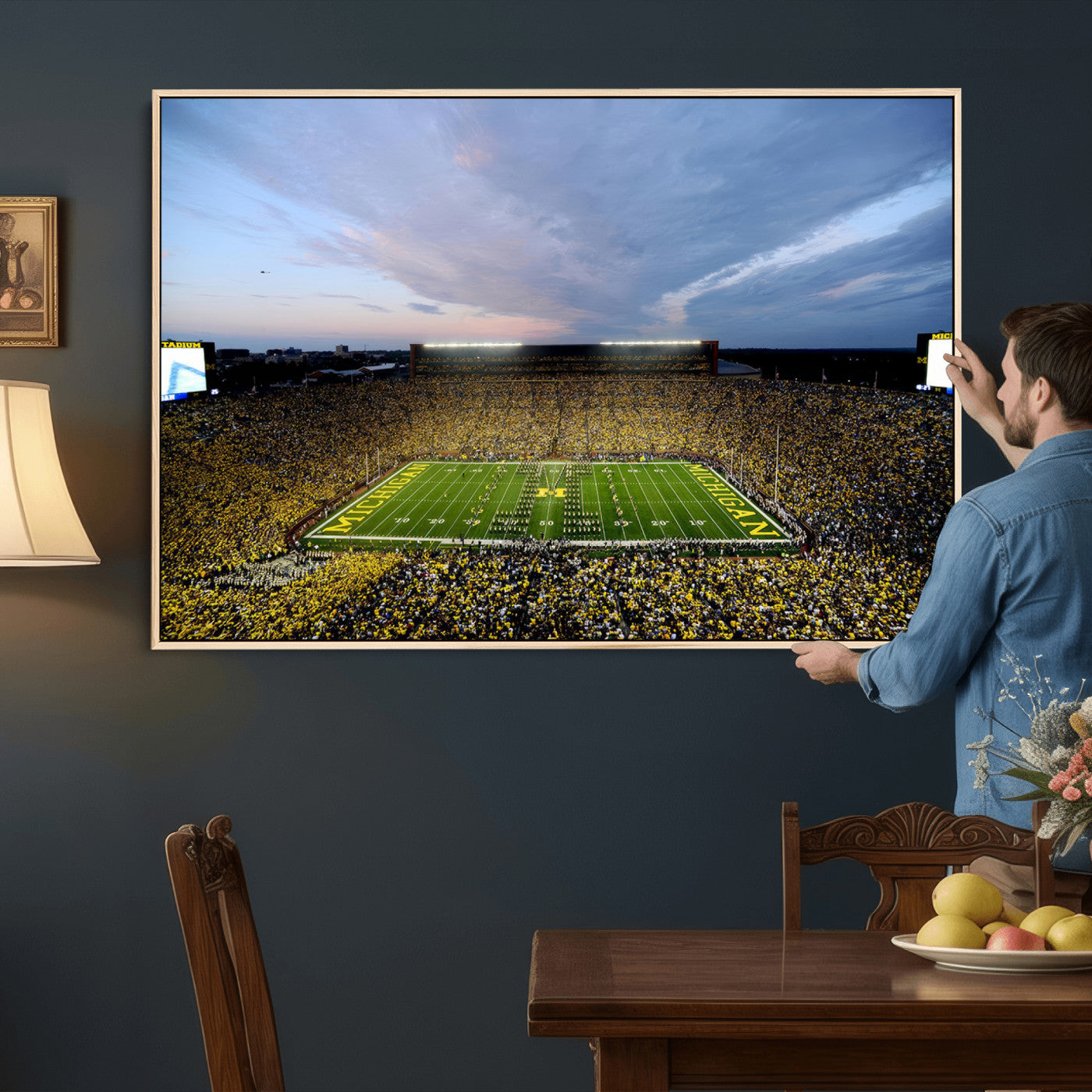 82641-MGV-CV-36X24 - Michigan Stadium Wall Art Canvas Print, Vibrant Game Day Crowd and Sunset Sky Football Field Artwork for Home, Office