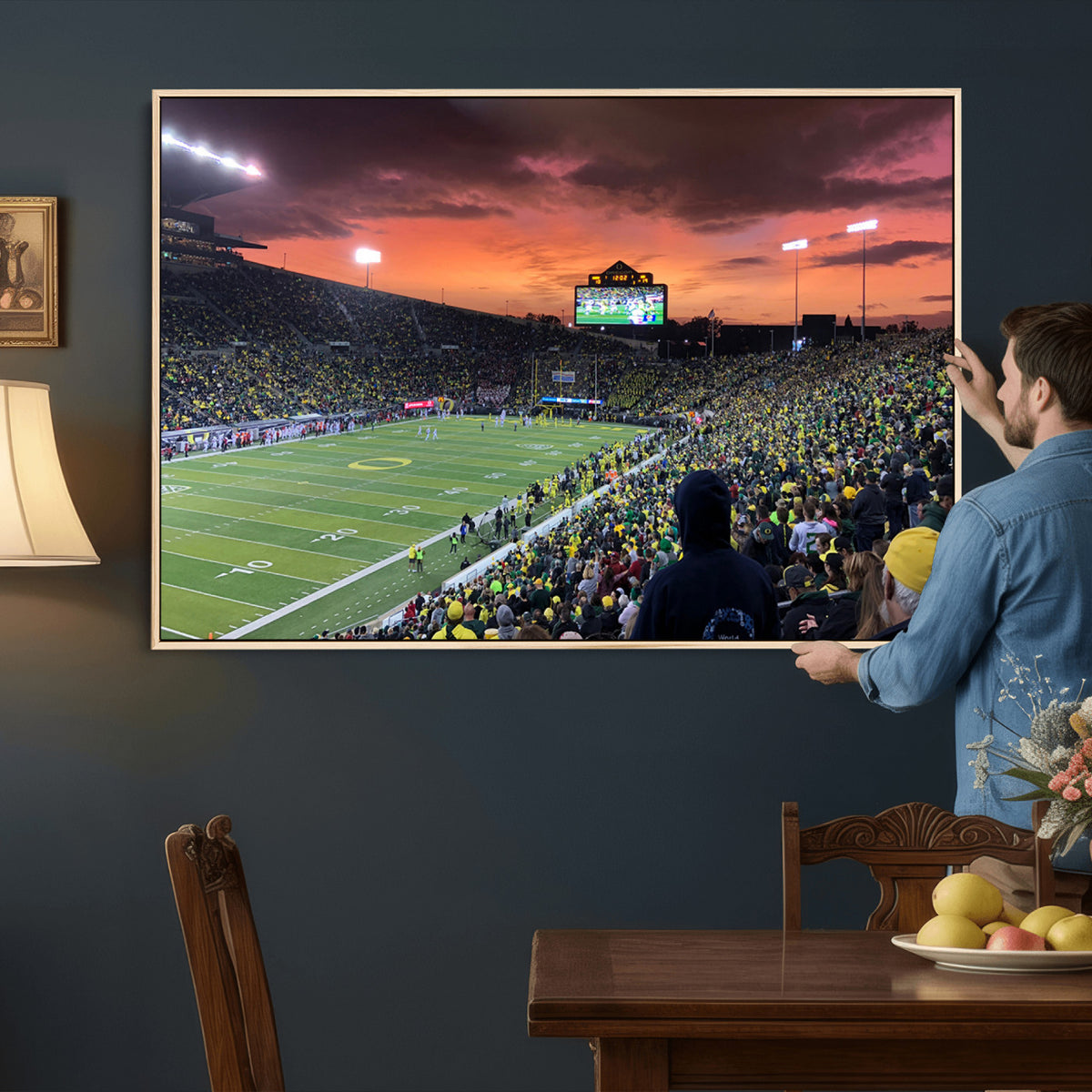 75065-PAN-FL-20X10 - Eugene Autzen Stadium Canvas Wall Art Print – Sunset Over Iconic Football Field Wall Decor for Home