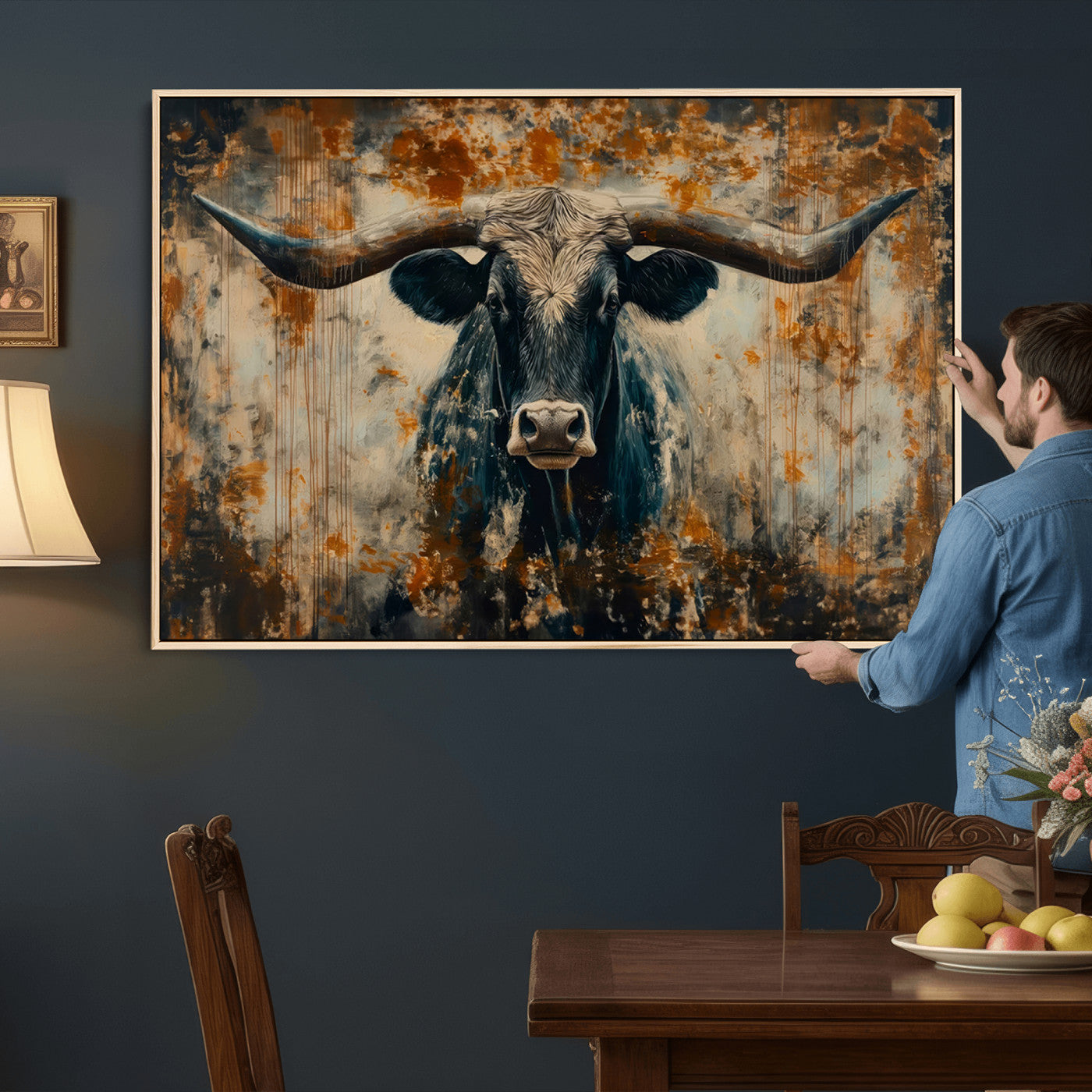 85913-MGV-CV-36X24 - Abstract Longhorn Bull Wall Art | Rustic Western Wall Decor | Framed and Ready to Hang | Ideal for