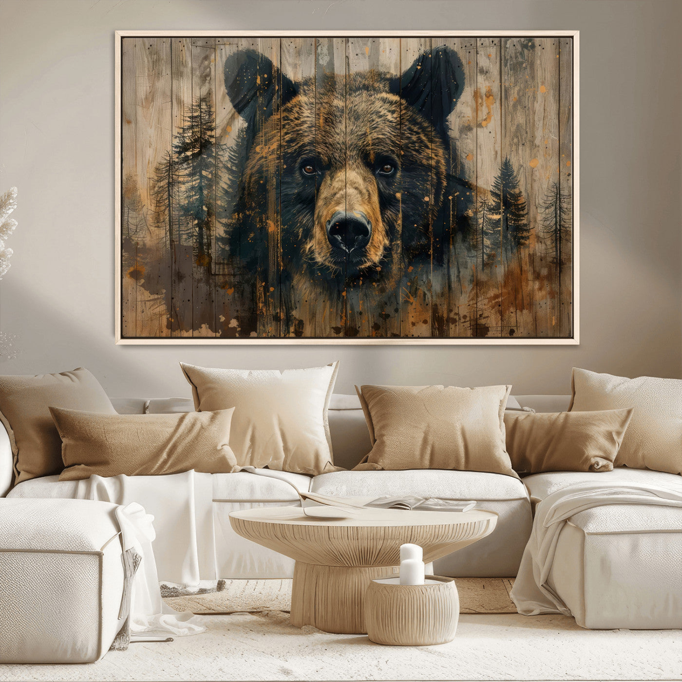 51373-MGV-CV-36X24-Abstract 399 Bear Wall Art | Rustic Cabin Wall Decor with Forest Design | Framed and Ready to Hang |