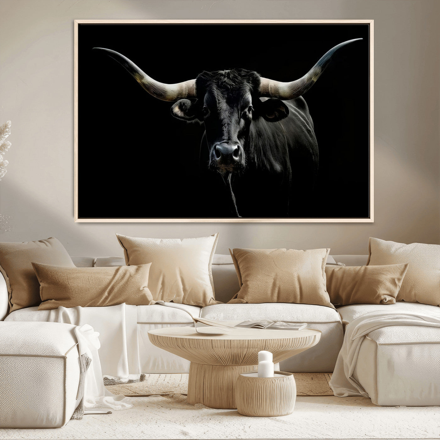 20679-MGV-CV-36X24-Texas Black Longhorn Bull Wall Art Canvas Print - Western Texas Cattle Rustic Decor Print - Longhorn