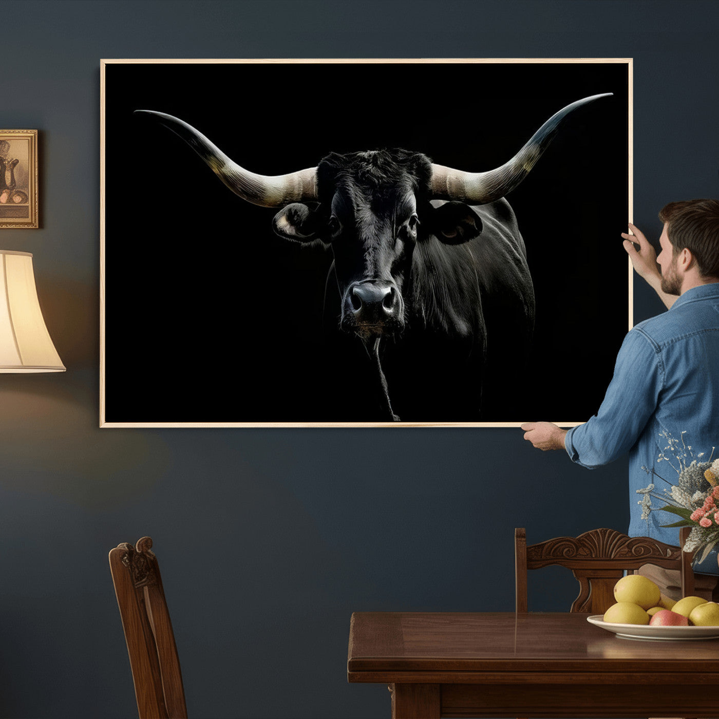 20679-MGV-CV-36X24 - Texas Black Longhorn Bull Wall Art Canvas Print - Western Texas Cattle Rustic Decor Print - Longhorn