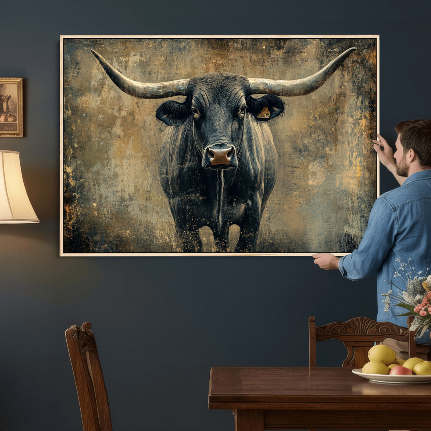 57385-MGV-CV-36X24 - Longhorn Bull Wall Art Canvas Print, Framed Rustic Cow Art Picture Print, Texas Longhorn Perfect Western Decor Artwork