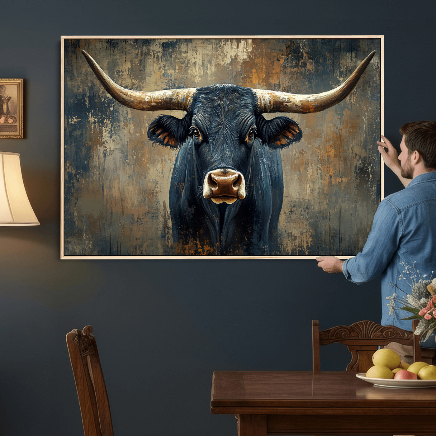 42026-MGV-CV-36X24 - Texas Western Wall Art Canvas Print - Abstract Cow Longhorn Bull Wall Art Canvas Print - Rustic Cow