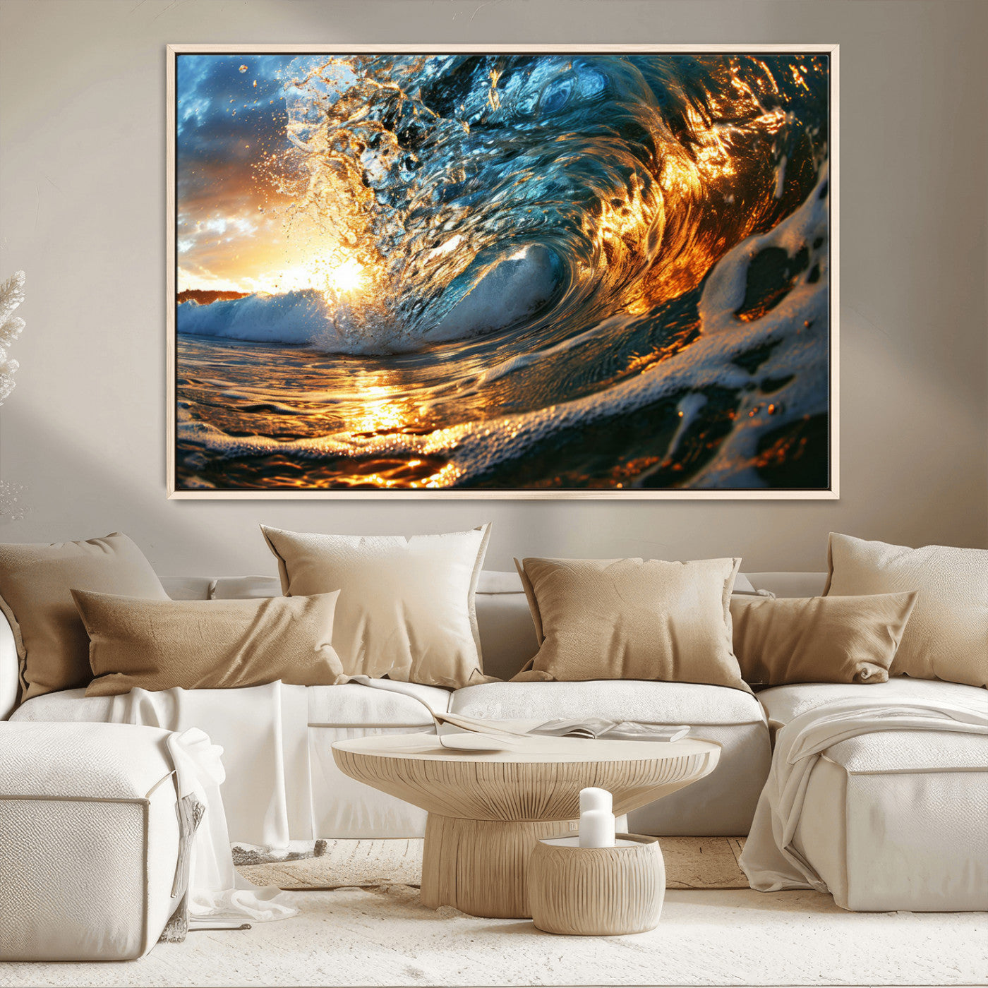 41370-MGV-CV-36X24-Ocean Wave at Sunset Canvas Wall Art – Vibrant Coastal Beach Waves Print, Large Nautical Decor,