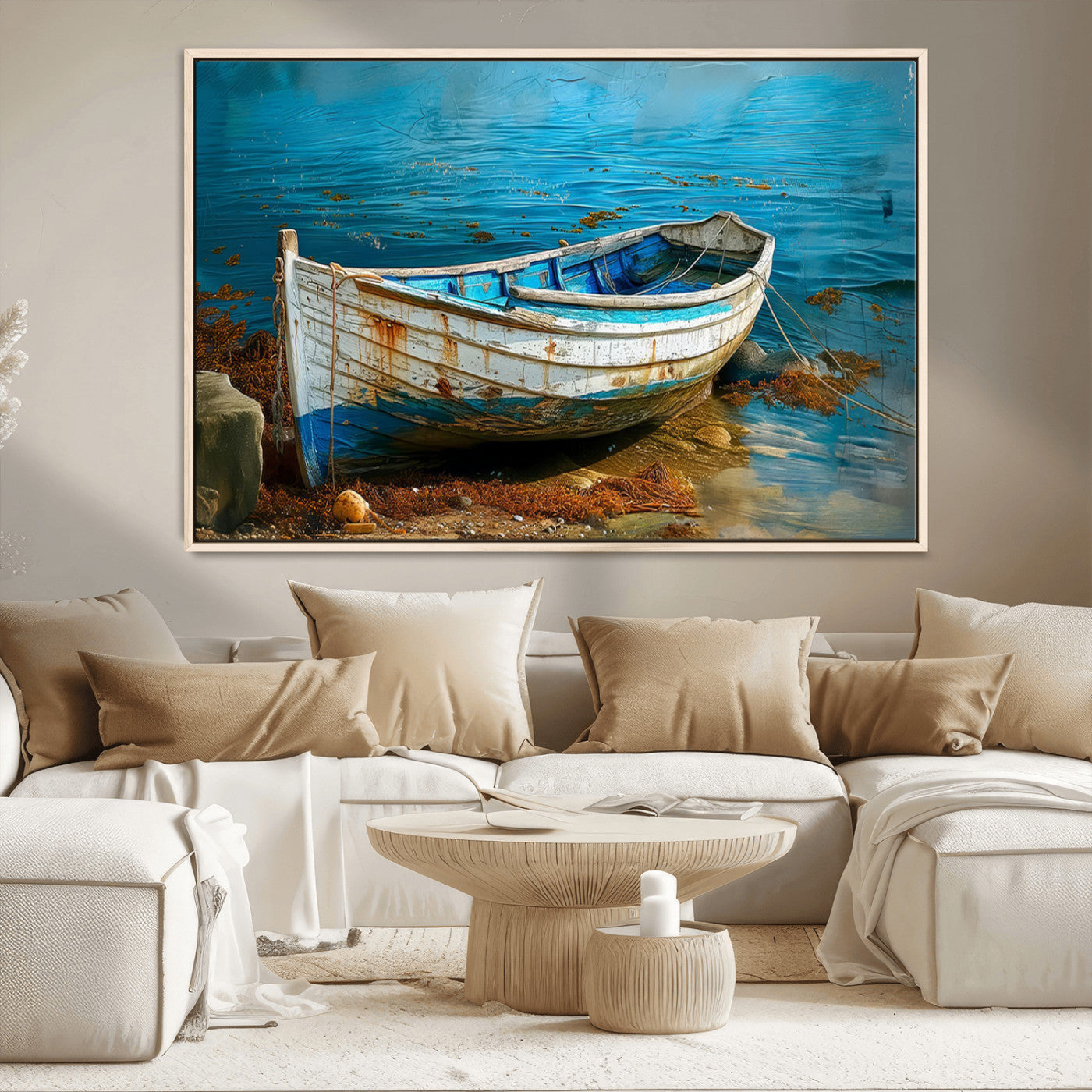 54716-MGV-CV-36X24-Vintage Boat on Tranquil Waters | Coastal Wall Art for Nautical Decor | Rustic Triptych Canvas Print