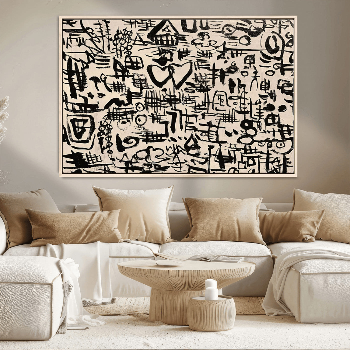 68273-MGV-FC-36X24 - Abstract Love and Chaos Canvas Print, Black Symbols on Beige