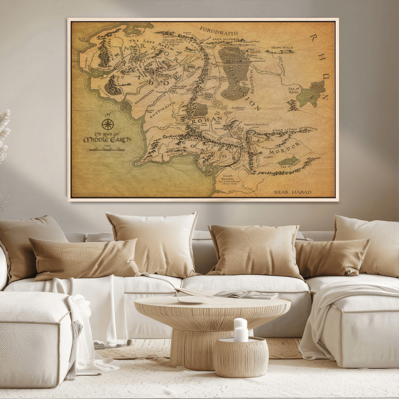 65656565-MGV-CV-36X24-Middle Earth Map Canvas Wall Art – Vintage Fantasy Map Print, Decor for Home Library or Office