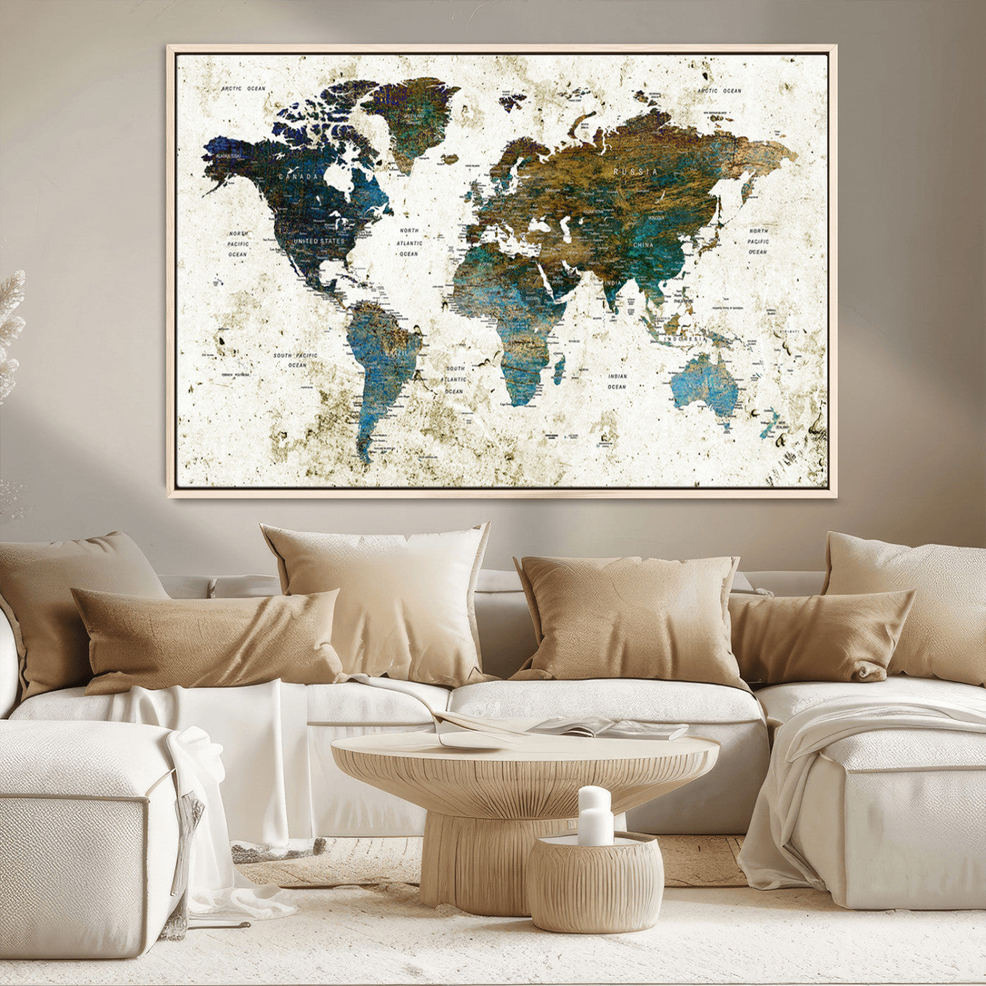 89176-MGV-CV-36X24-Vintage Blue and Brown World Map Canvas Wall Art – Framed Rustic Map Print, Earth Tone Travel Decor for Stylish Home and Office Walls