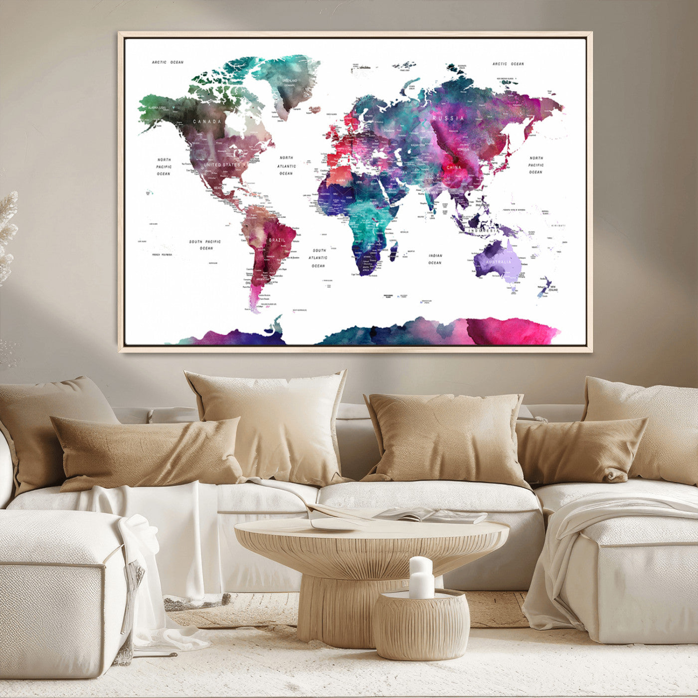 78176-MGV-CV-36X24-Colorful Watercolor World Map Canvas Wall Art – Framed Modern Map Print, Vibrant Travel Inspired Artwork for Home and Office Decor