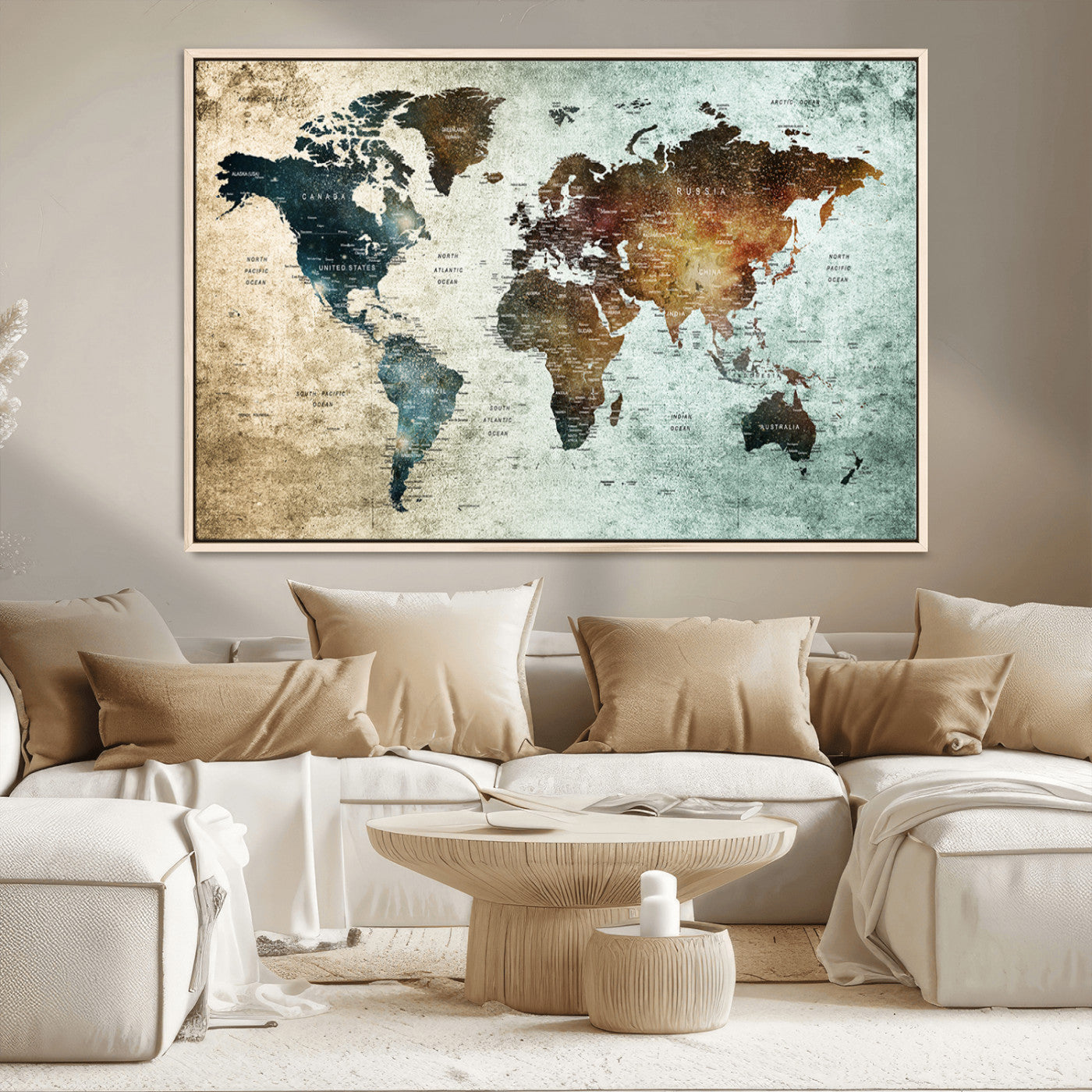 25140-MGV-CV-36X24-World Map Canvas Print – Framed Vintage Style Push Pin Wall Art, Elegant Travel Map Decor for Home or Office