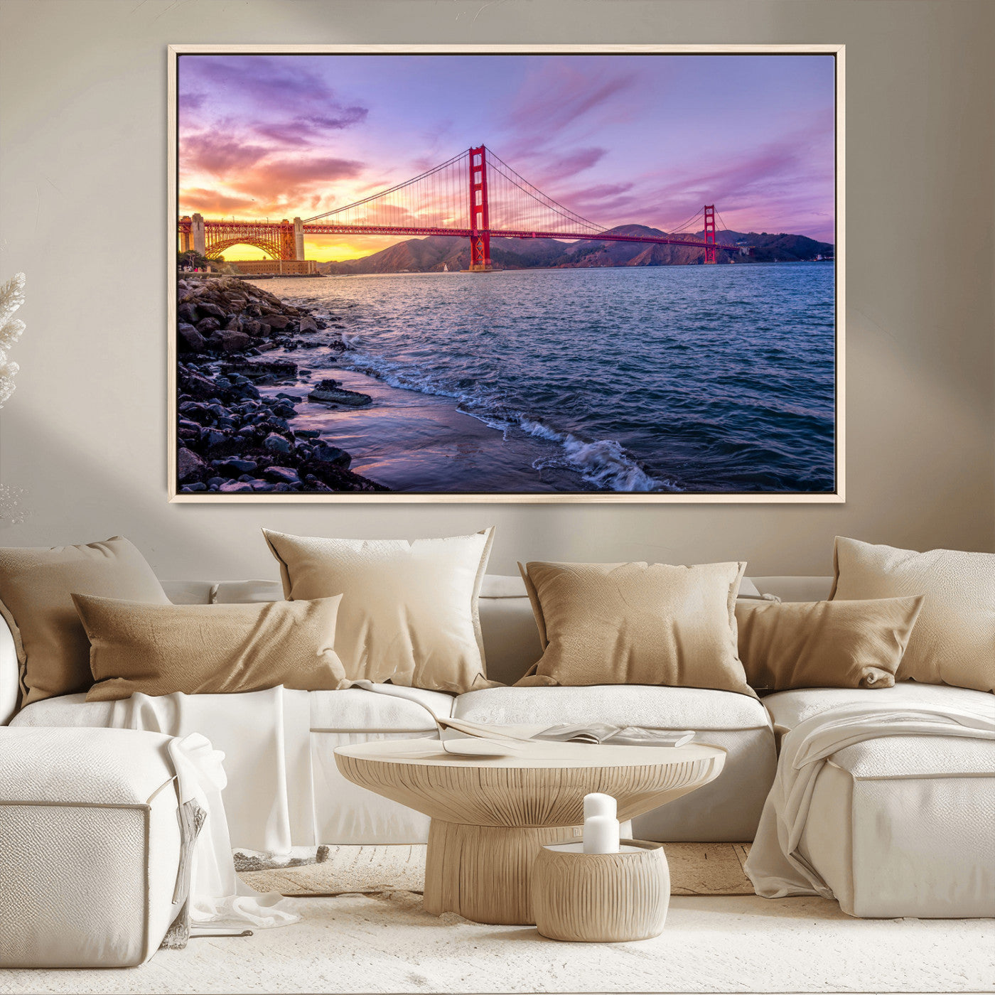 -Golden Gate Bridge Wall Art Canvas Print – Framed San Francisco Sunset Scene with Cityscape Artwork for Home, Office