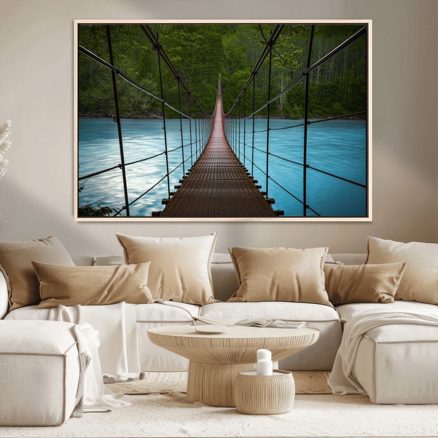 70229-MGV-FC-36X24_Natural-Suspension Bridge Over River Canvas Art | 3-Panel Nature Photography | Scenic Wall Art for Living