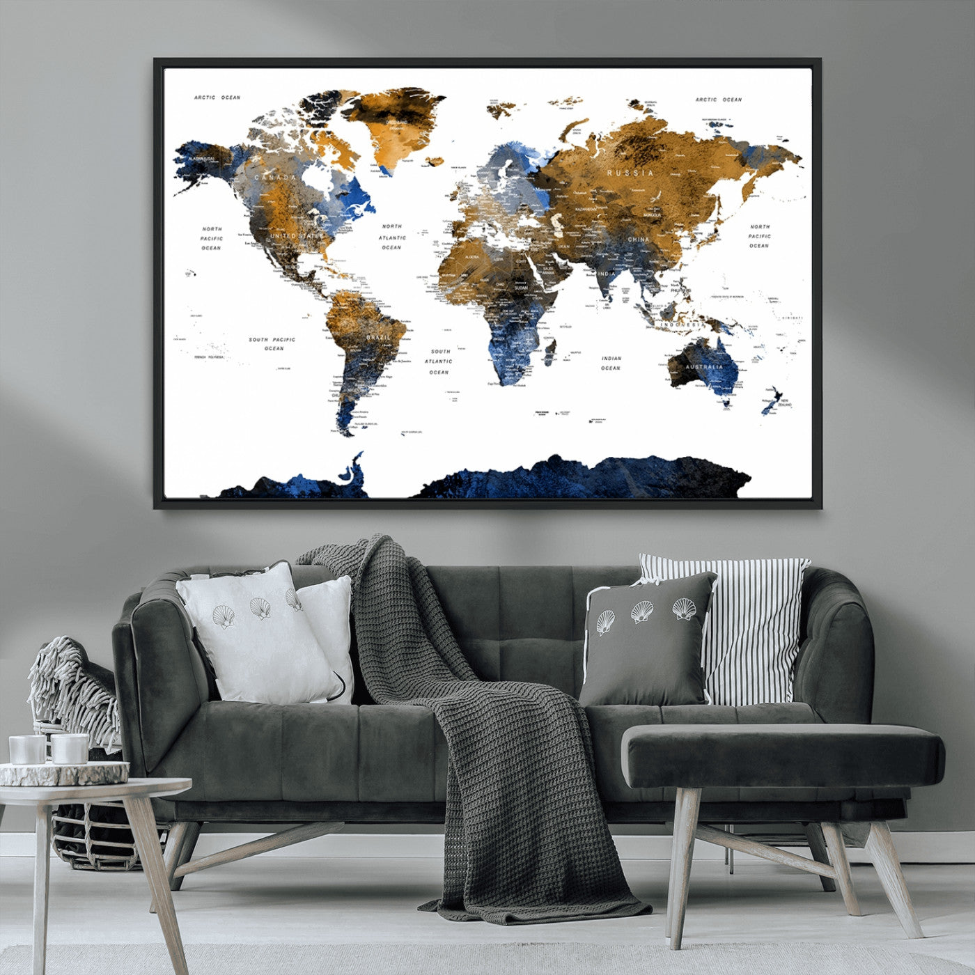 56231-MGV-CV-36X24-Navy and Gold World Map Canvas Wall Art – Framed Modern World Map Print, Elegant Travel Inspired Artwork for Home and Office Decor