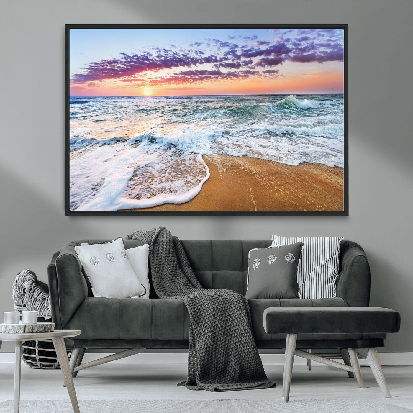 -Coastal Sunset Art Beach Canvas Wall Art Print | Ocean Waves Wall Art | Large 3-Panel Seascape for