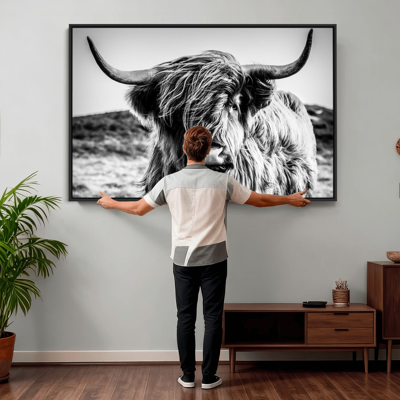 36979-MGV-CV-36X24 - Handsome Scottish Cow Black and White Wall Decor Canvas Art Print Extra Large Wall Art Highland Cattle Canvas Picture Animal Art Nature Photography High Quality Original Canvas Framed Ready to Hang