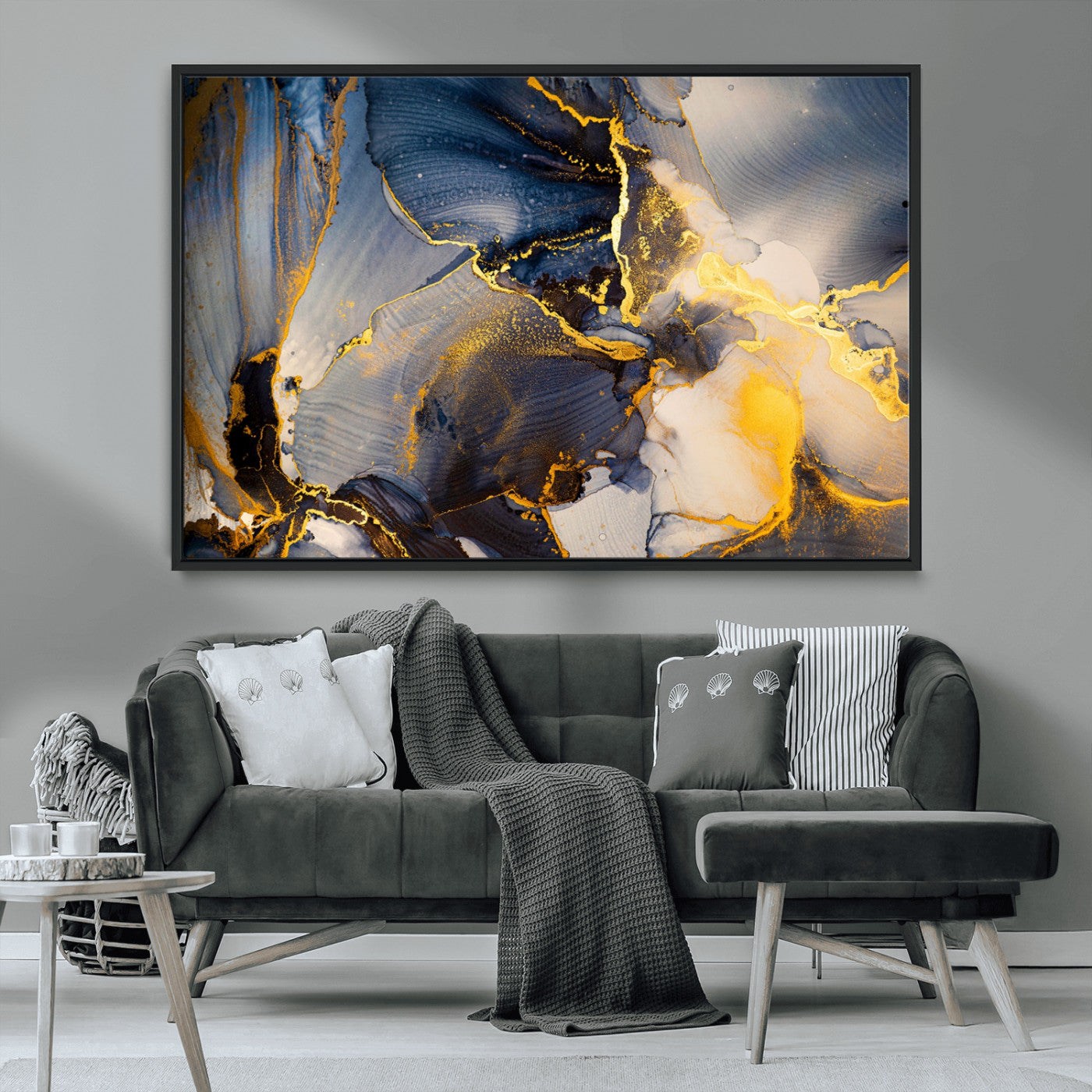 42100-MGV-CV-36X24-Large Abstract Wall Art Print - Gold and Blue Abstract Canvas Wall Art | Fluid Ink Modern Luxury