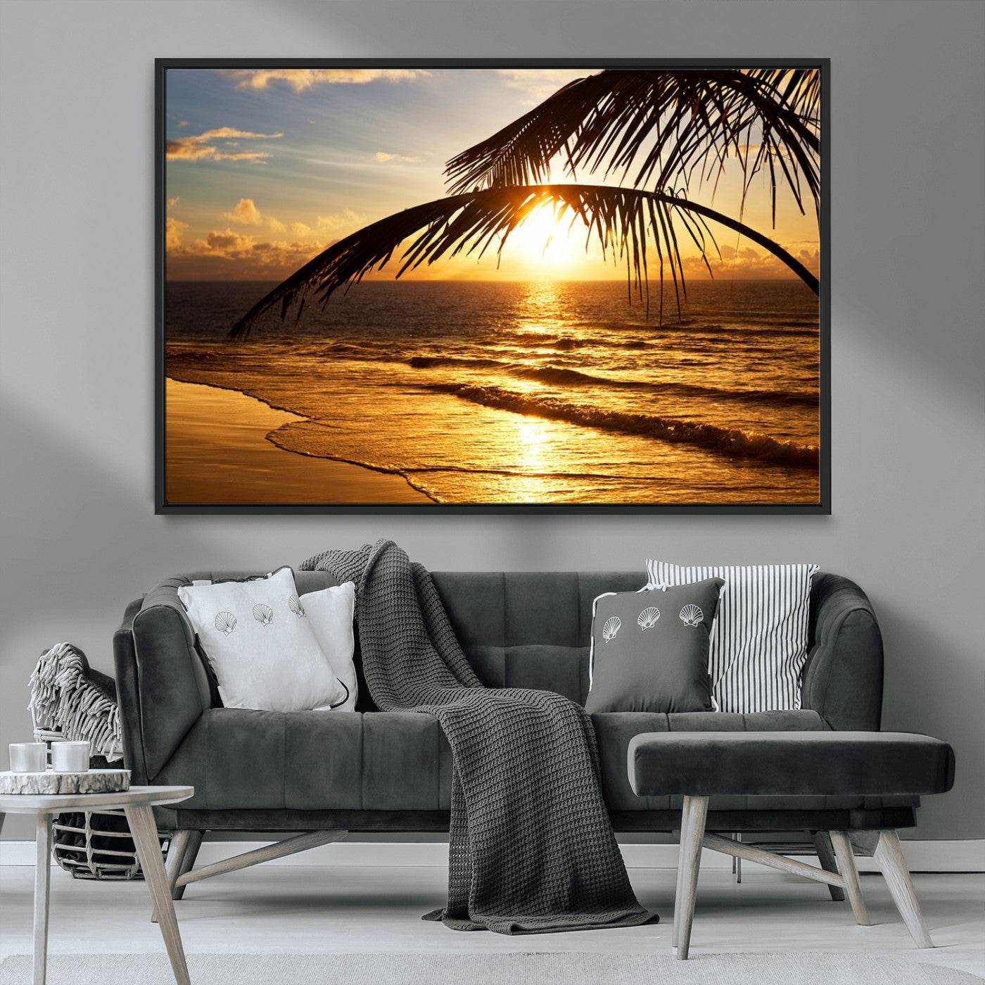 -Golden Tropical Beach Sunset Canvas Triptych, Coastal Palm Tree Wall Art, Ocean Shoreline Giclee
