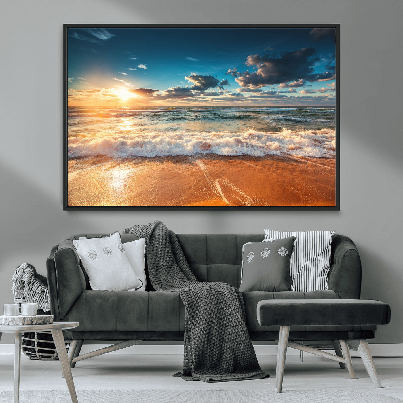 -Golden Sunset Beach Triptych Canvas Art, Giclee Coastal Wall Decor, Ocean Waves Print, Modern Beach