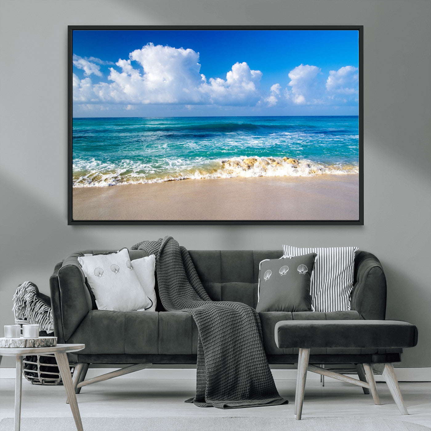 60364-MGV-CV-36X24-Tropical Beach 3-Panel Canvas Wall Art – Serene Ocean Waves and Blue Sky Wall Art Print