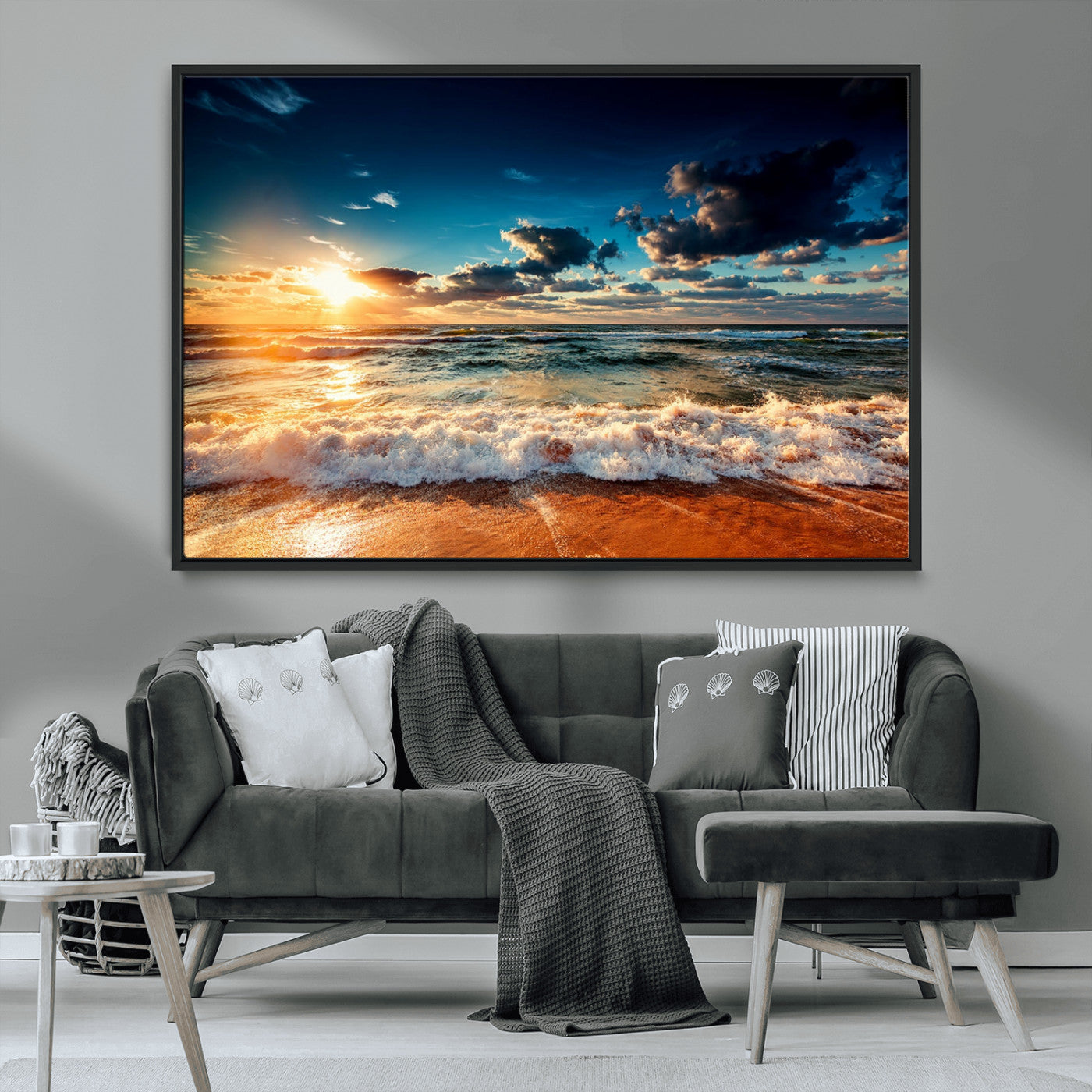 -Golden Hour Sunset Over Ocean Waves Wall Art Canvas Print | 3 Panel Coastal Landscape Canvas Wall