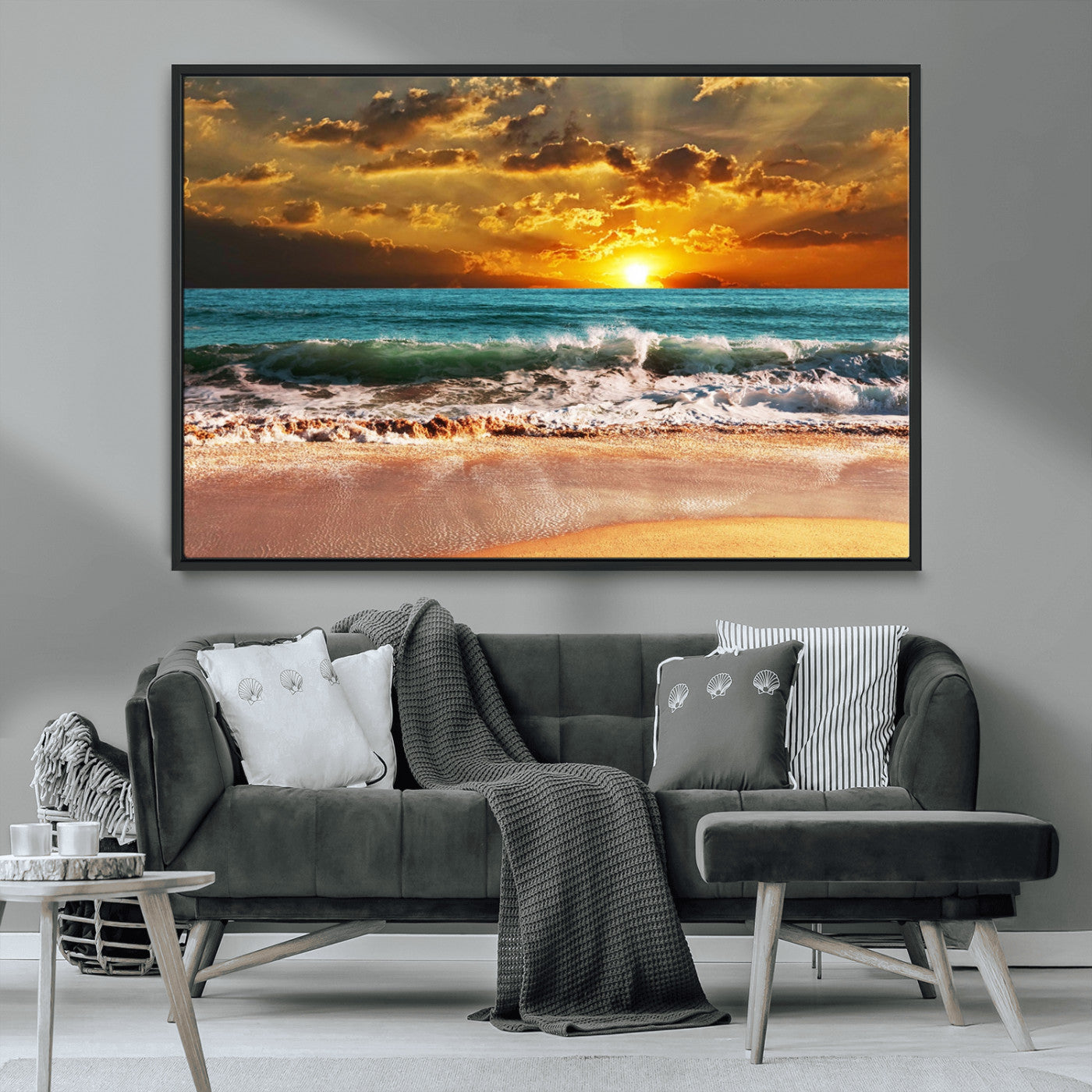 16495-MGV-CV-36X24-Golden Sunset Beach Canvas Wall Art – Triptych Seascape Print – Framed and Ready to Hang for Living