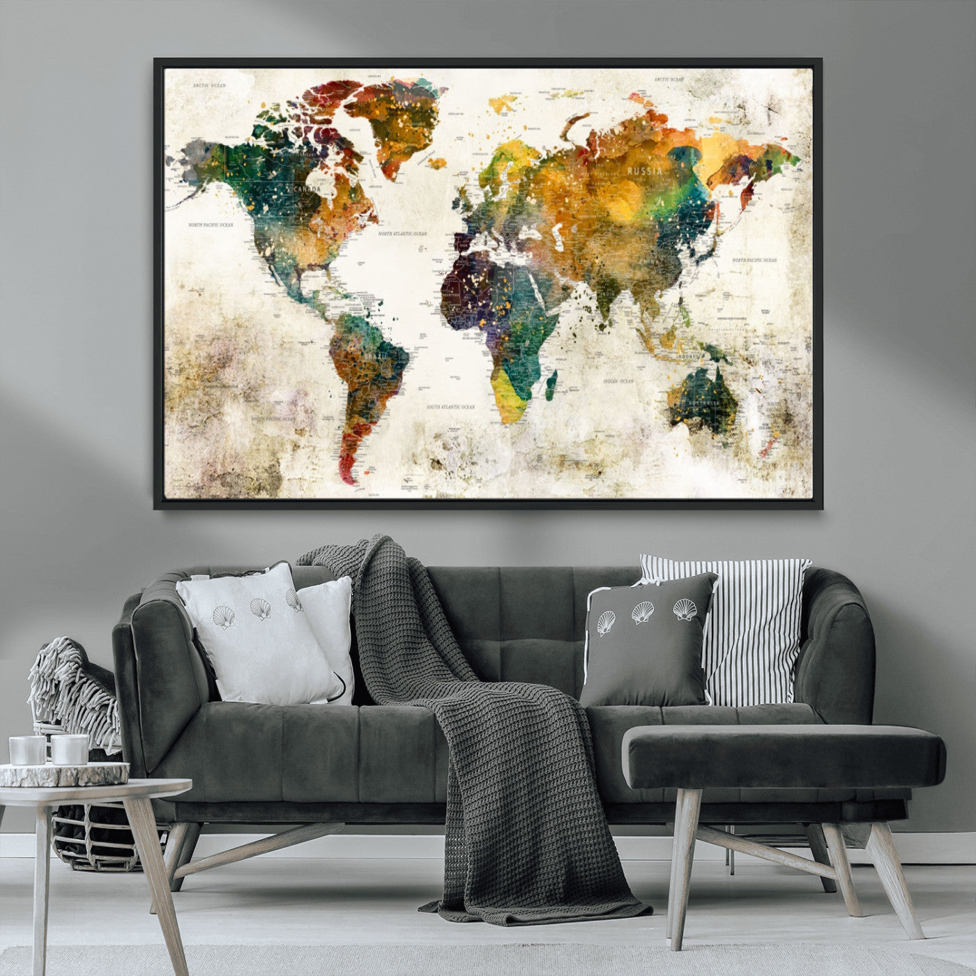39605-MGV-CV-36X24-Vintage Watercolor World Map Canvas Wall Art – Framed Push Pin Travel Map for Home and Office Decor, Rustic Artistic World Map Artwork