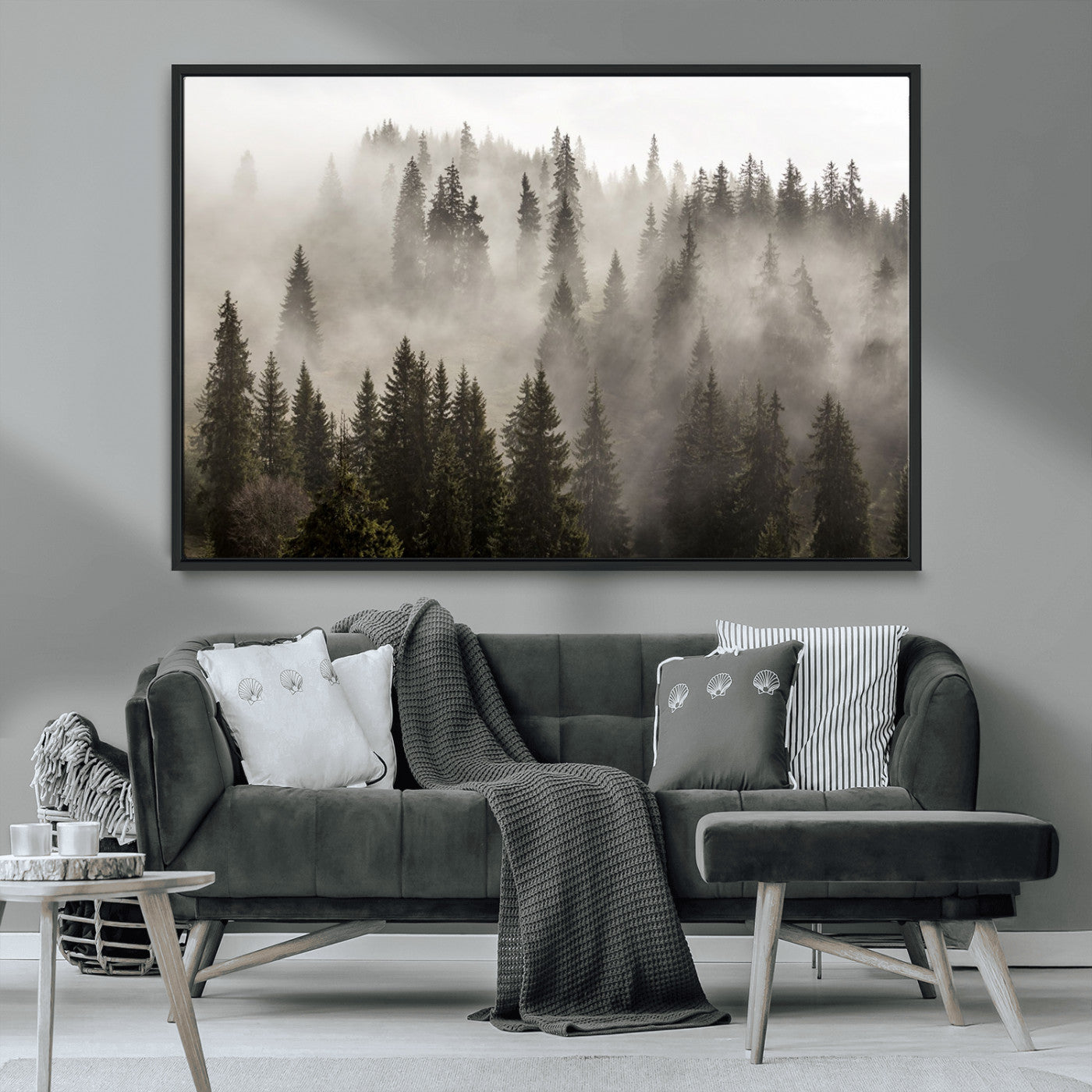 62862-MGV-CV-36X24-Foggy Mountain Wall Art | 3-Panel Foggy Forest and Mountain Landscape | Large Giclee Print for