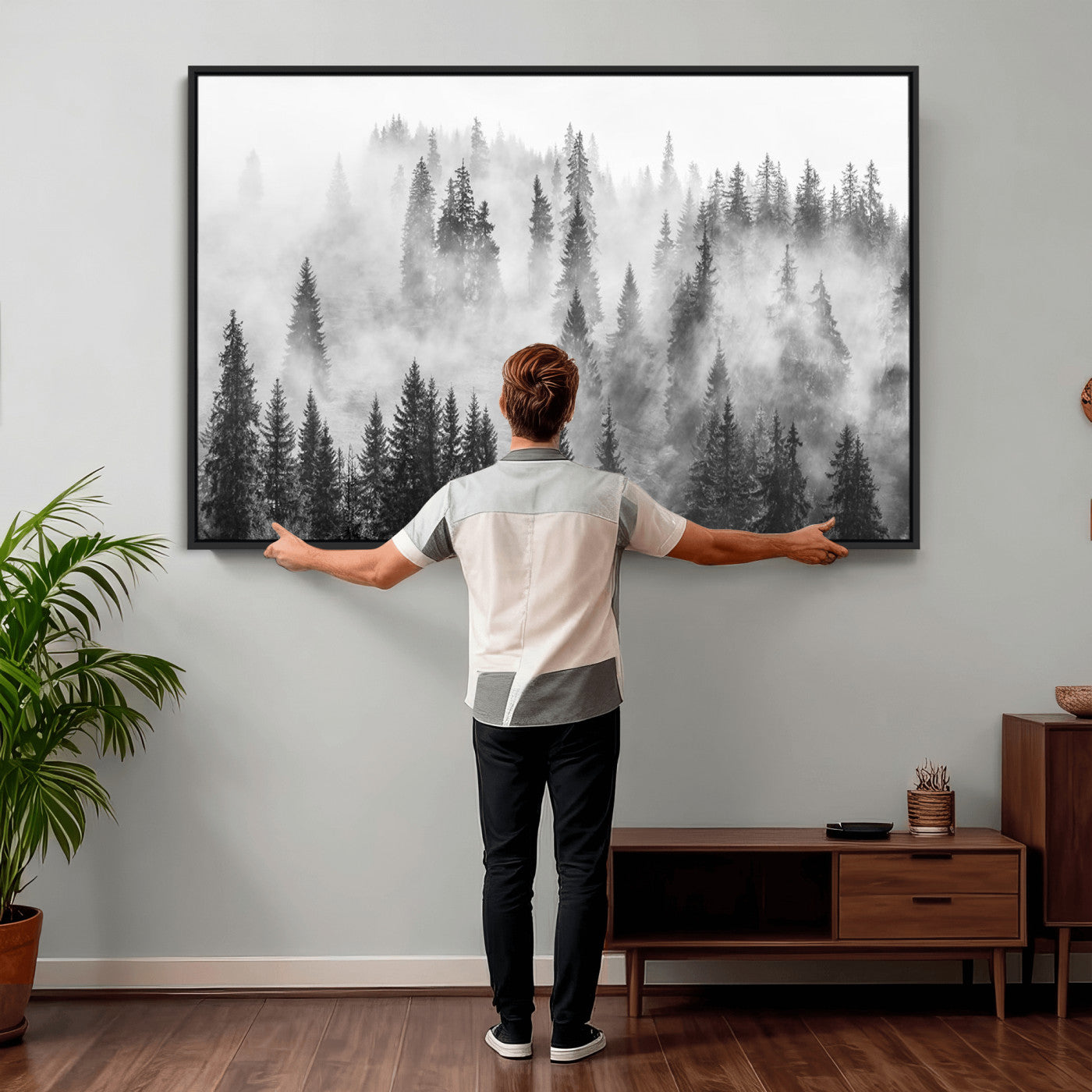 10422-MGV-CV-36X24 - Forest Wall Art Print | Foggy Pine Forest Canvas Wall Art - Black and White Nature Decor for Living