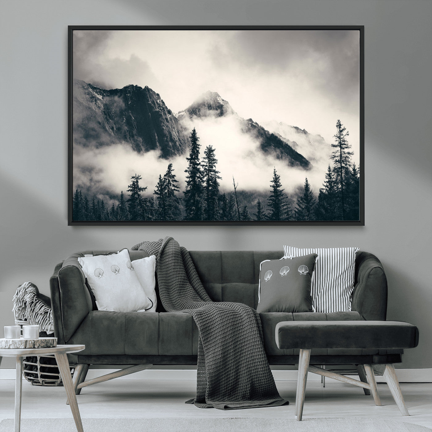 59517-MGV-CV-36X24-Forest Mountain Print - Black and White Canvas Wall Art with Misty Forest Design for Elegant and