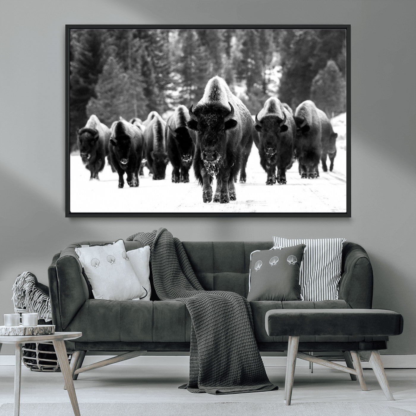 62434-MGV-CV-36X24-Bison Herd in Snow Wall Art Canvas Print | Rustic Western Bison Wall Art for Decor for Living Room,
